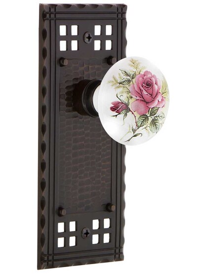 Pasadena Door Set with Rose Porcelain Knobs in Timeless Bronze.